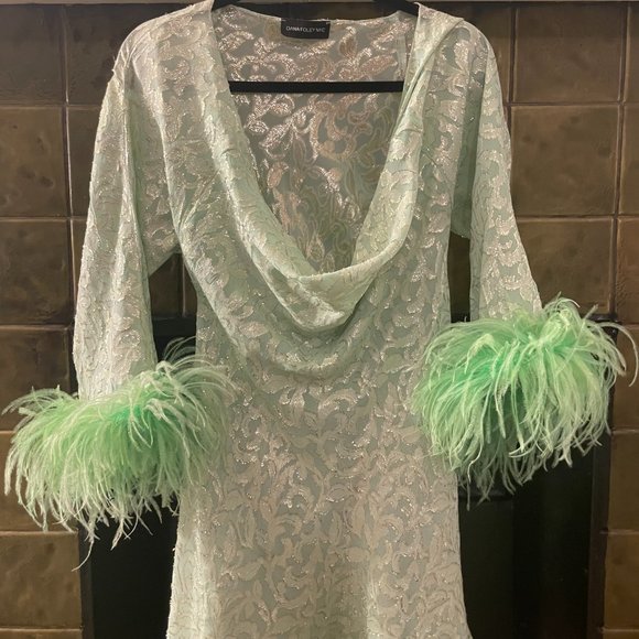 NWOT Dana Foley NYC Cowl Neck Feather Dress Green Lurex - Picture 4 of 5
